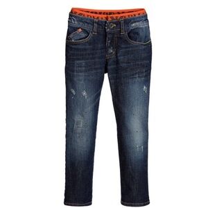 Kids Dark Blue Slim Fit Jeans with Orange Waistband